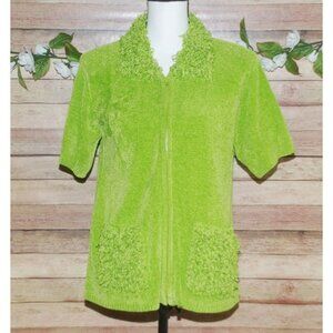 Lisa International Size M Funky Retro Lime Green Crop Sweater Zip Front Chenille